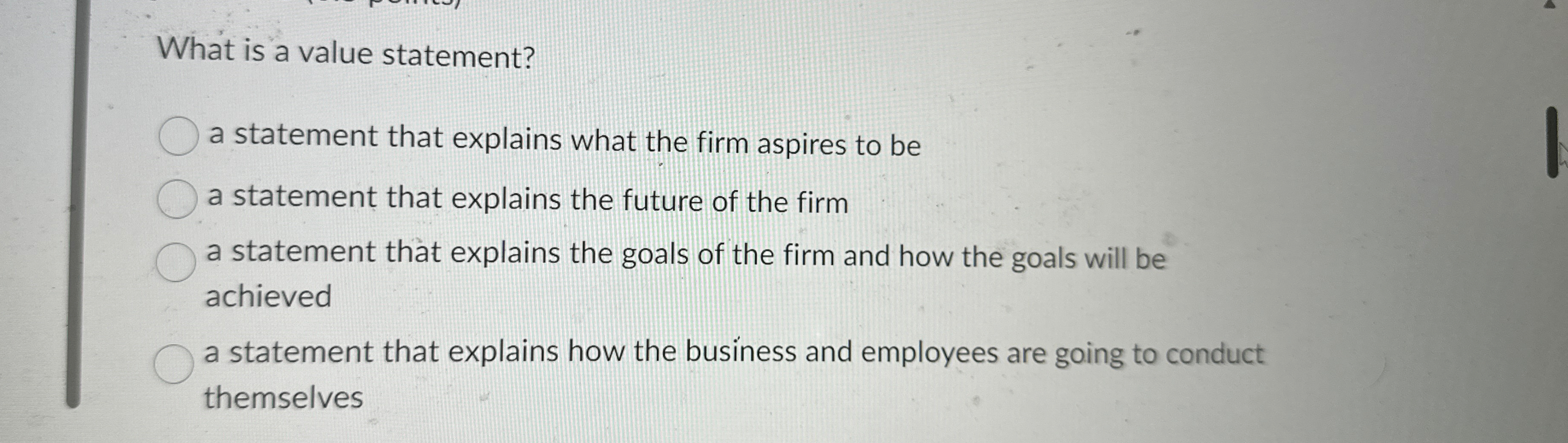  What is a value statement? a statement that explains what the