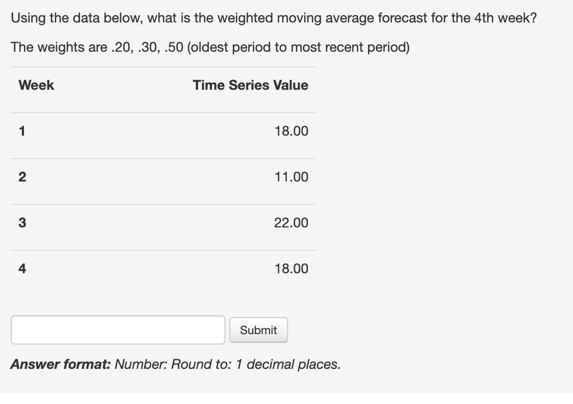Using the data below, what is the weighted moving average forecast