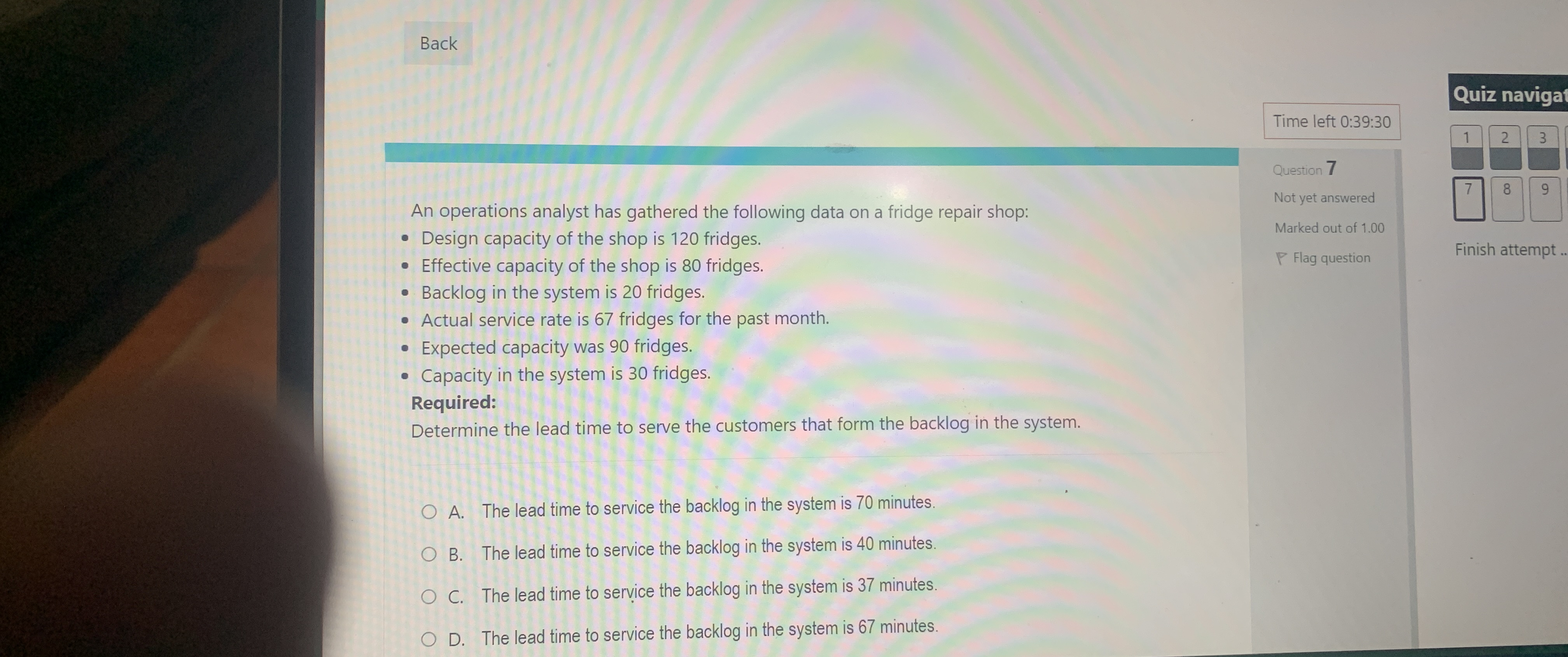  Back Time left 0:39:30 An operations analyst has gathered the following