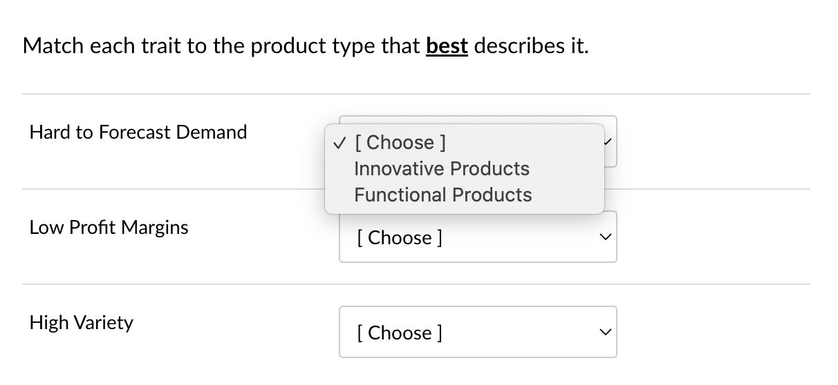 each question has same answer options for Match each trait to the