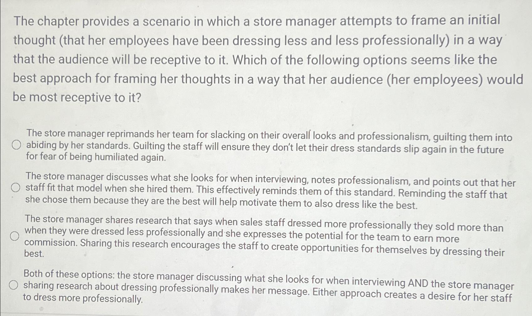  The chapter provides a scenario in which a store manager attempts