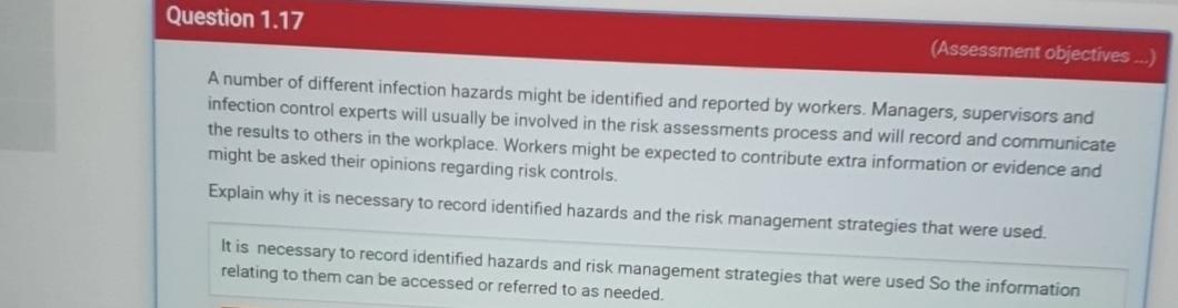  Question 1.17 (Assessment objectives _..) A number of different infection hazards