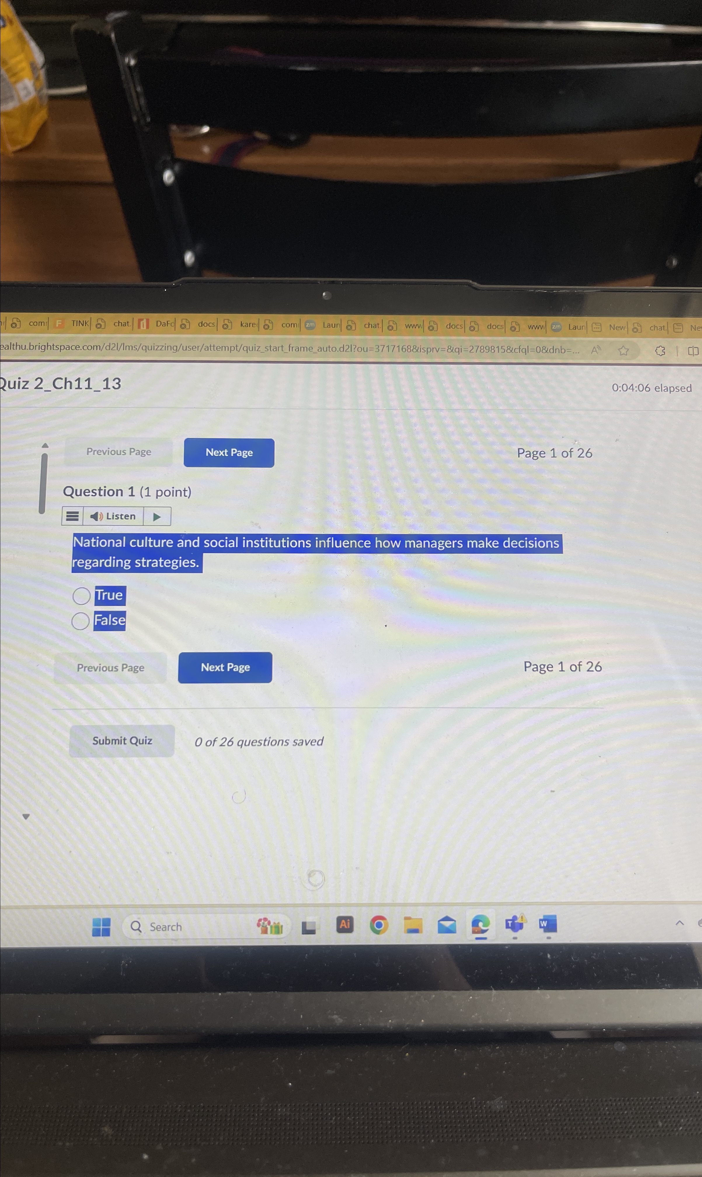  Ne2uiz 2_Ch11_130:04:06 elapsedhat(Delta)Page 1 of 26Question 1(1 point)ListenNational culture and social