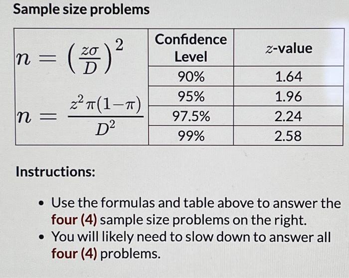 Sample size problems Instructions: - Use the formulas and table above