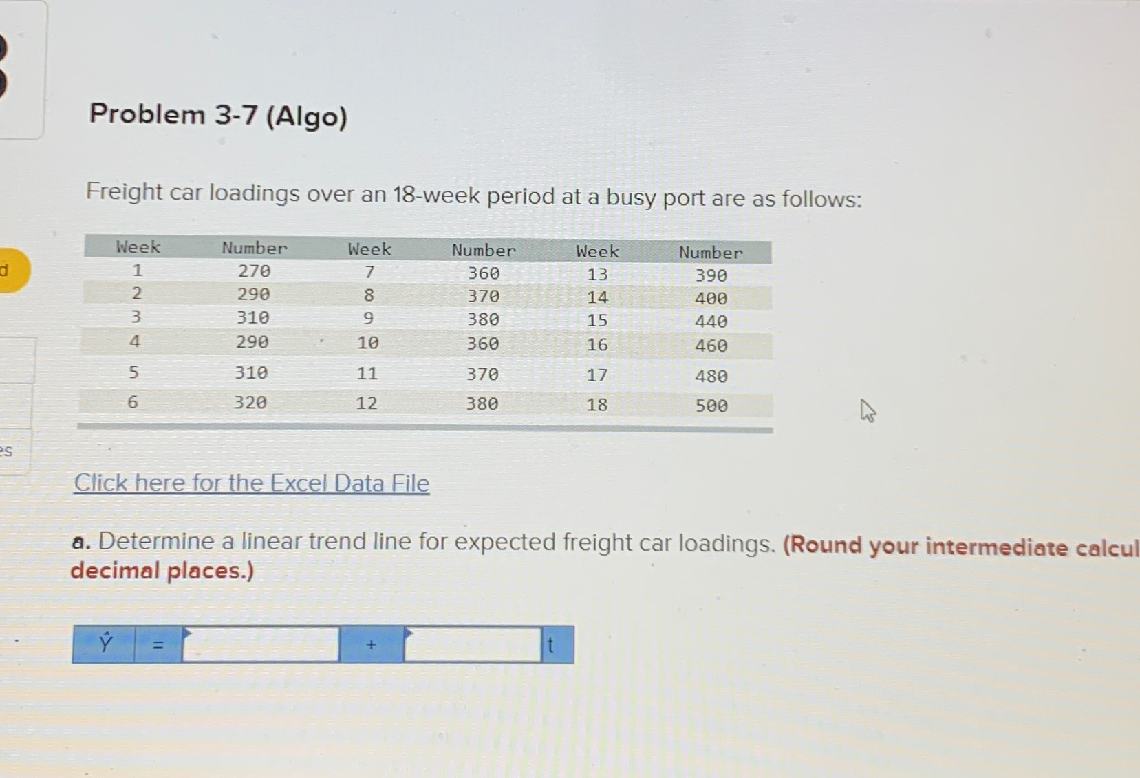  Problem 3-7(Algo) Freight car loadings over an 18-week period at a