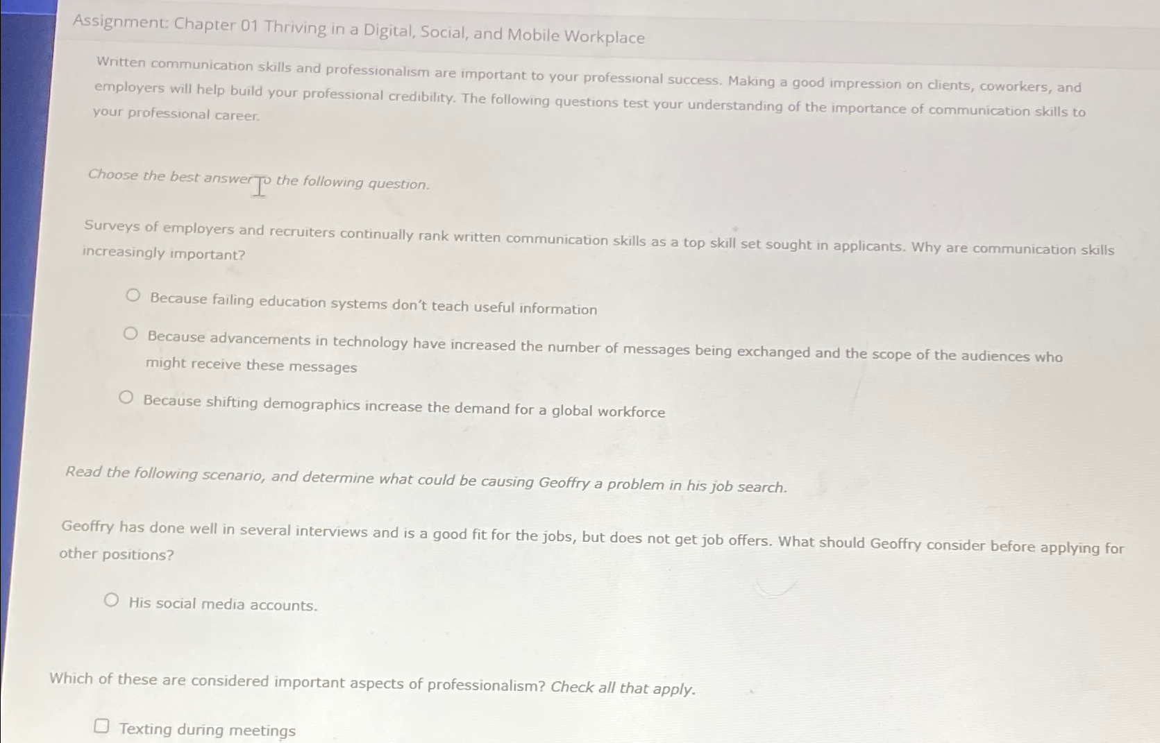  Assignment: Chapter 01 Thriving in a Digital, Social, and Mobile Workplace