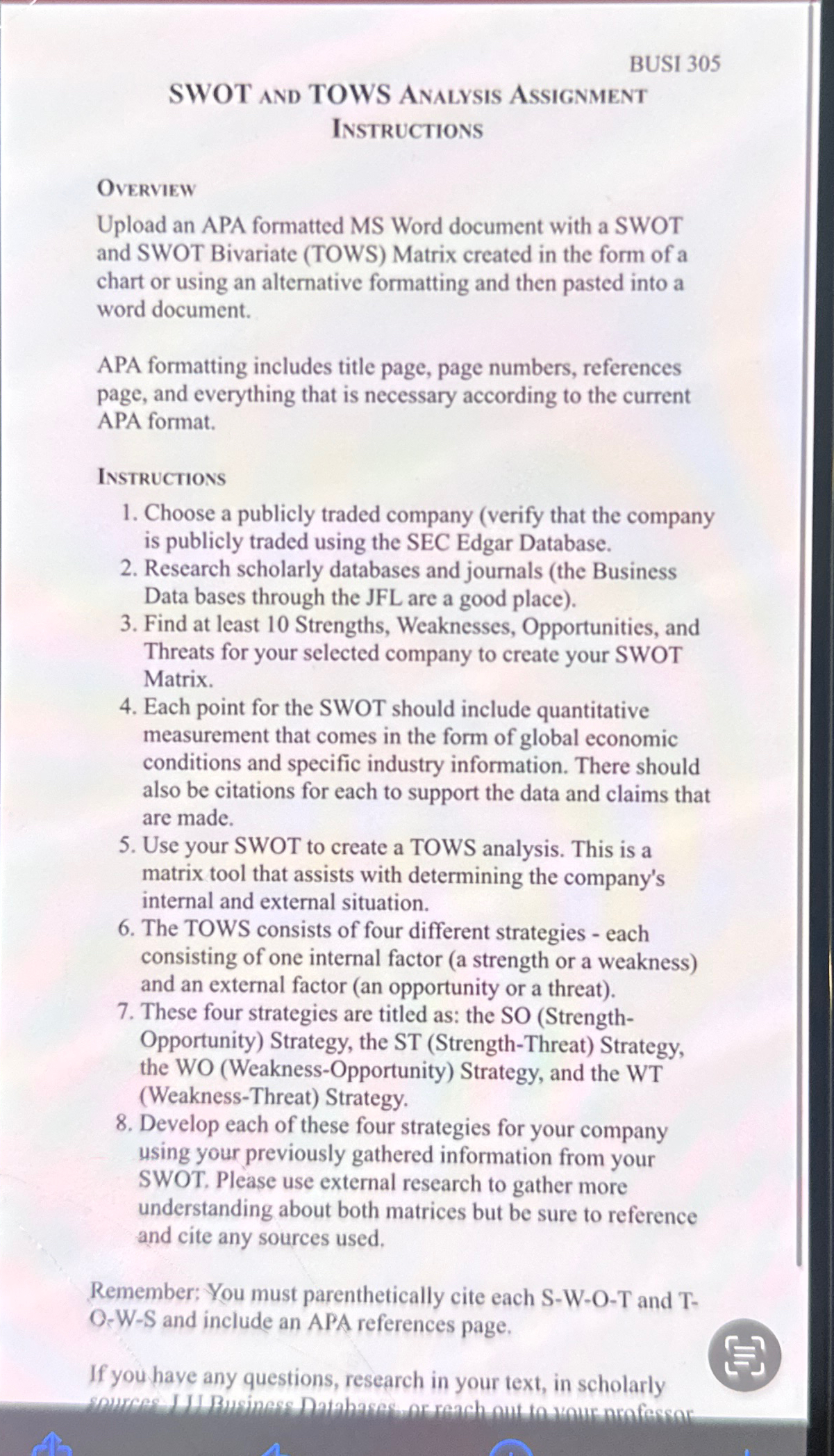  BUSI 305 SWOT And TOWS Analysis Assignment INSTRUCTIONS OVERVIEW Upload an