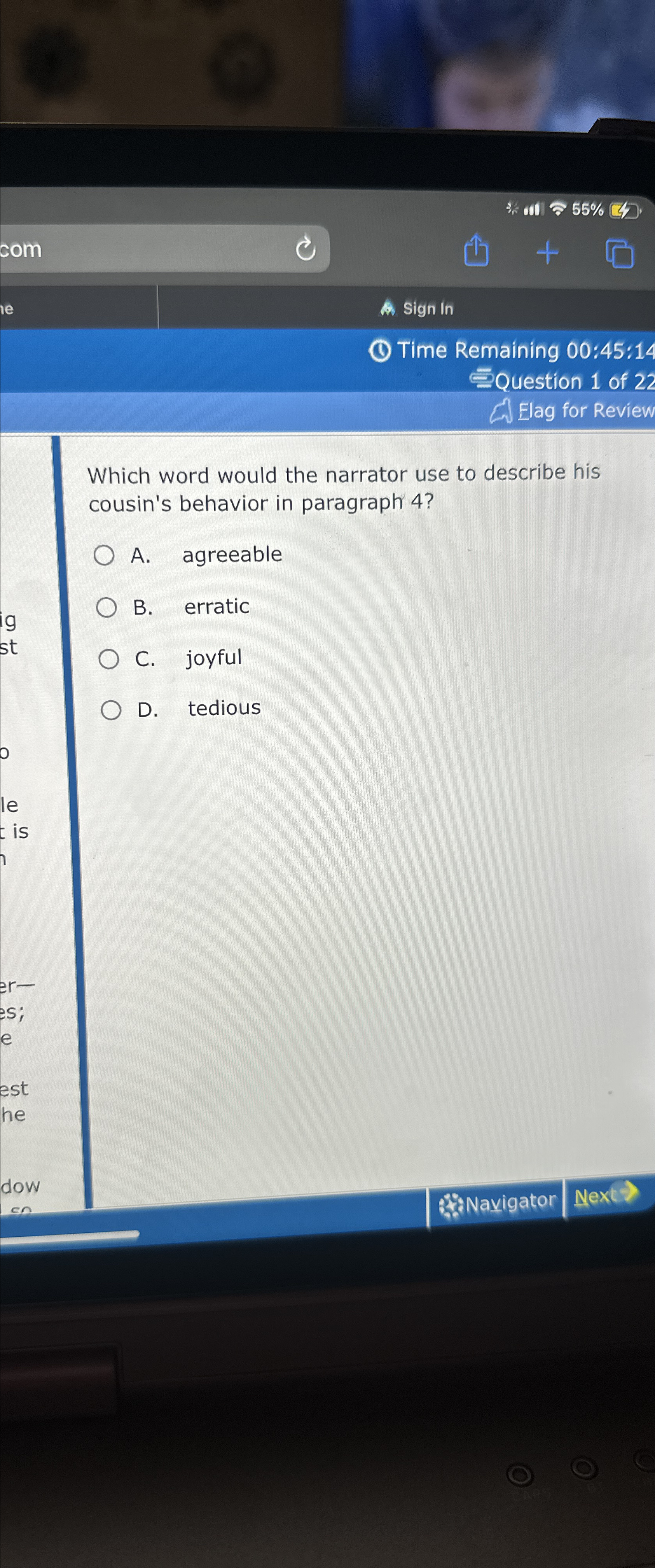  A. Sign In (1) Time Remaining 00:45:14 Question 1 of 22