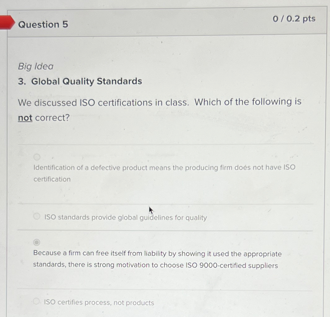  Question 5 00.2pts Big Idea 3. Global Quality Standards We discussed