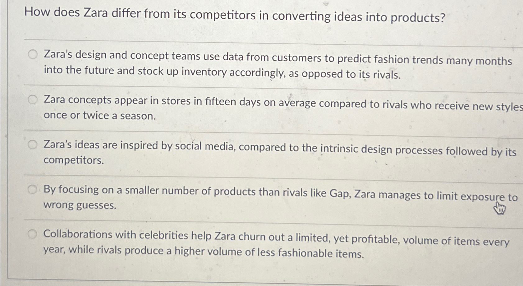  How does Zara differ from its competitors in converting ideas into