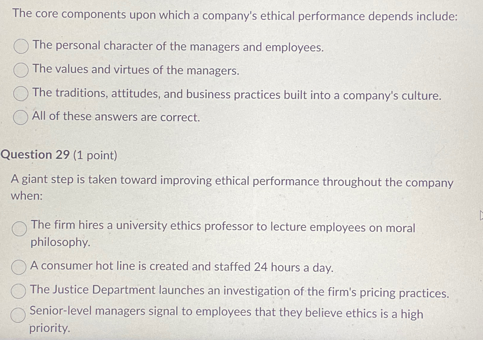  The core components upon which a company's ethical performance depends include: