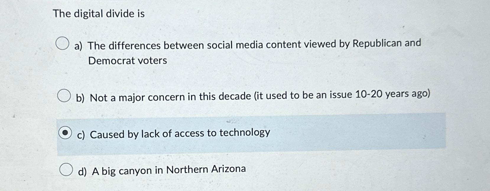  The digital divide is a) The differences between social media content
