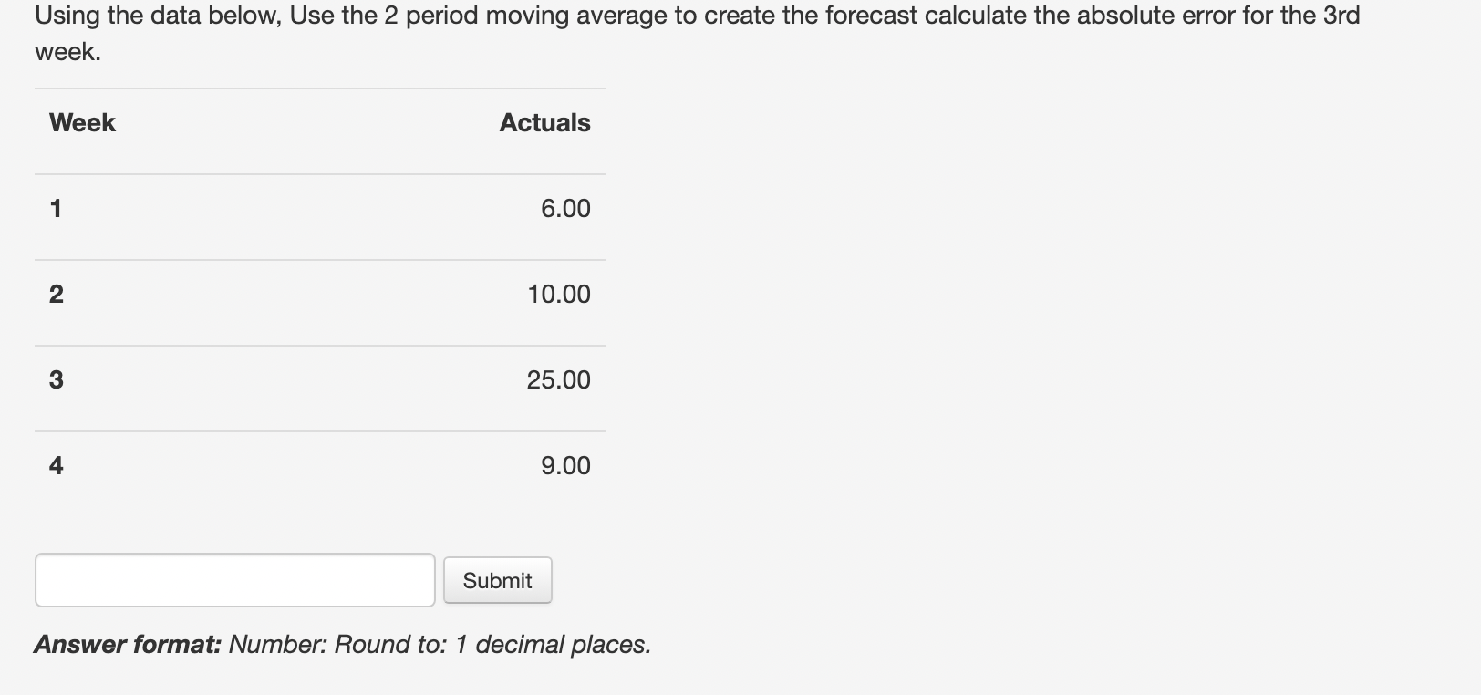  Using the data below, Use the 2 period moving average to