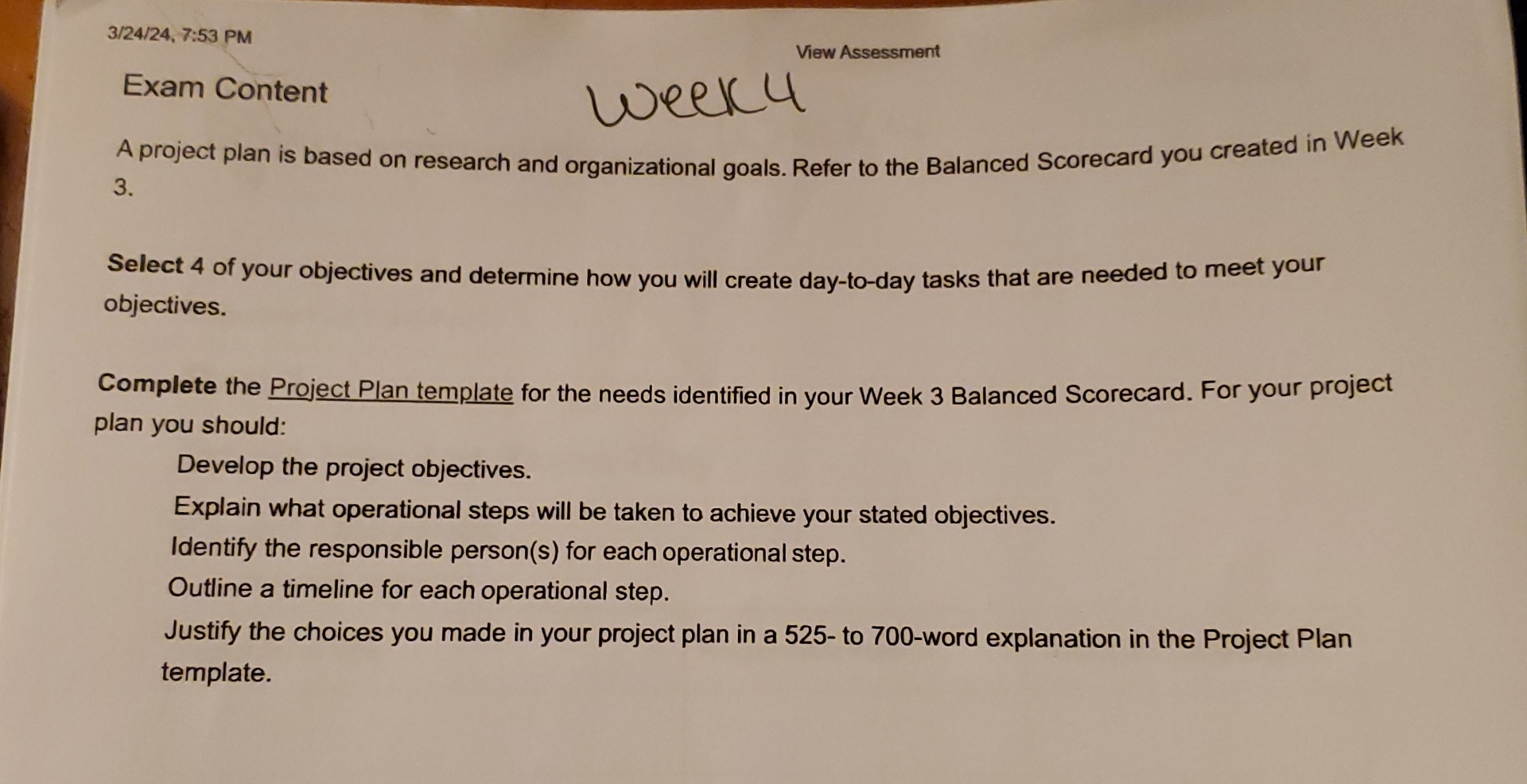  3/24/24,7:53 PM View Assessment Exam Content Week 4 A project plan