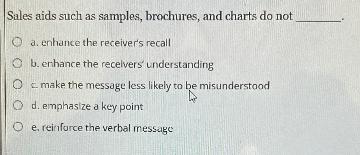  Sales aids such as samples, brochures, and charts do not a.