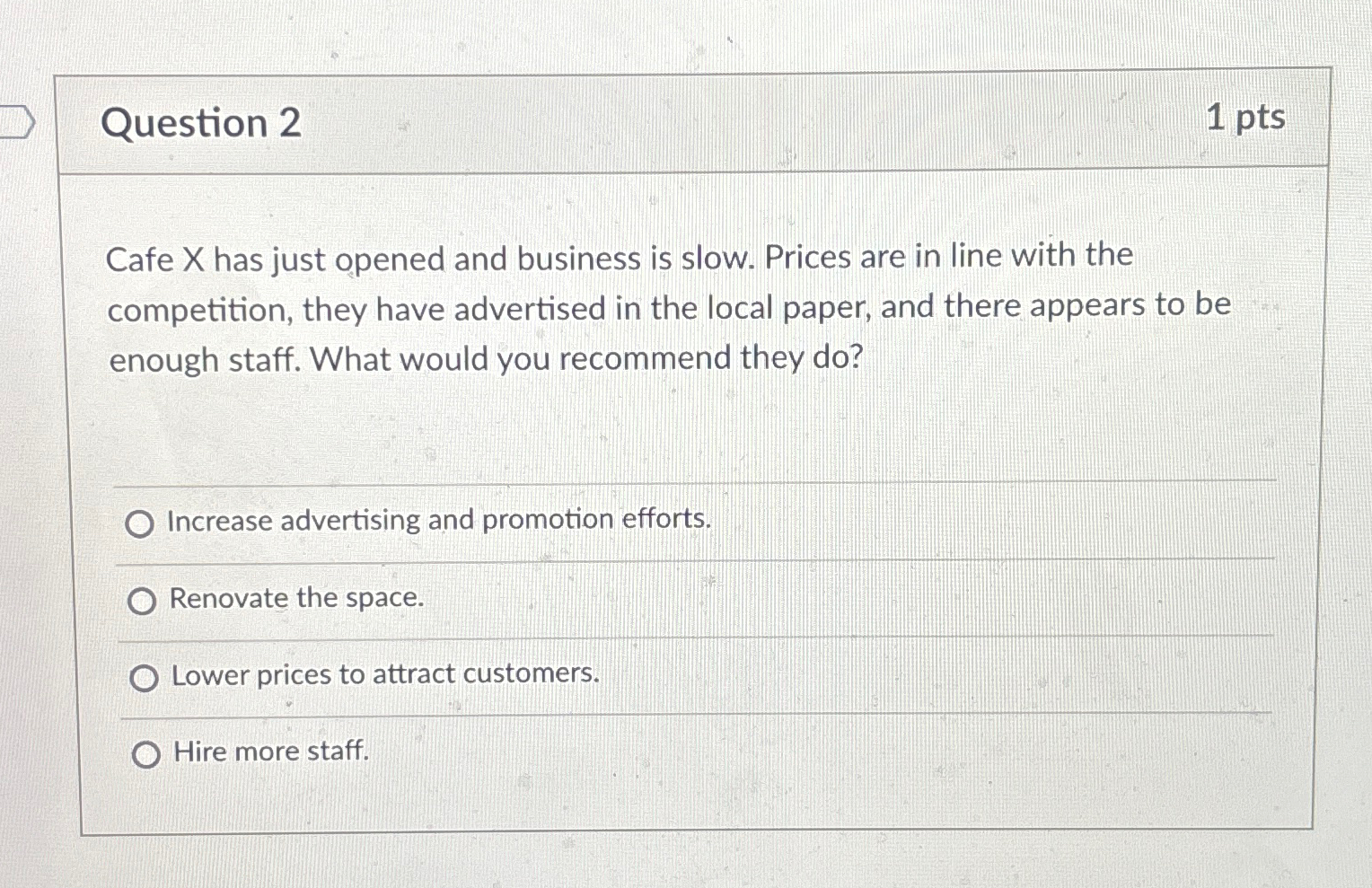  Question 2 1pts Cafe x has just opened and business is