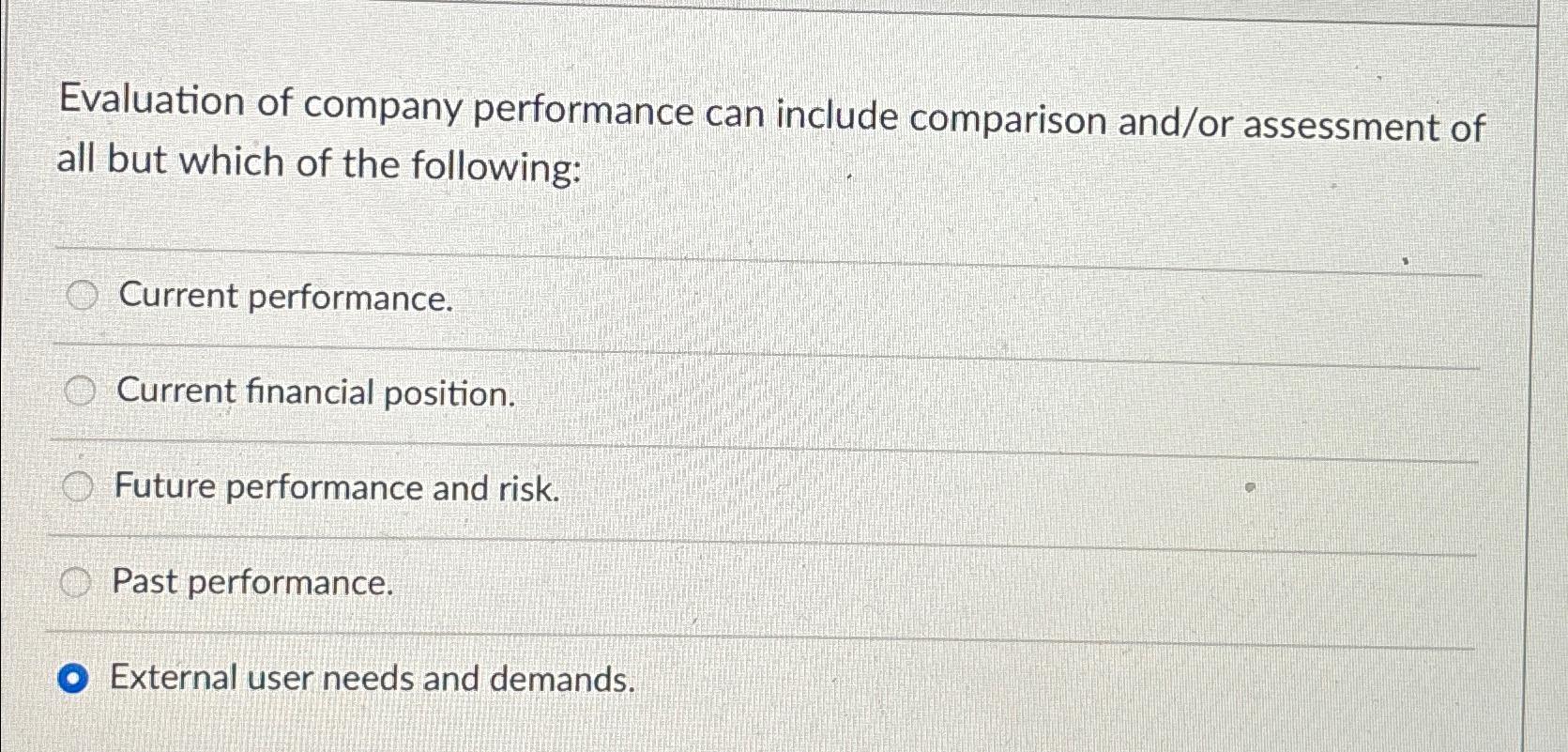  Evaluation of company performance can include comparison and/or assessment of all