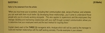  QUESTON 3 (20 Marks) Refer to the statement fom the aride: