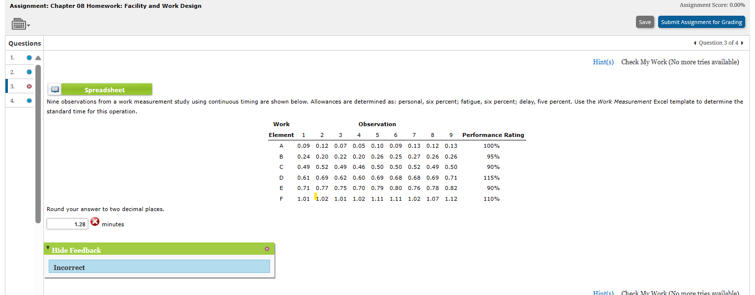 Nine observations from a work measurement study using continuous timing are