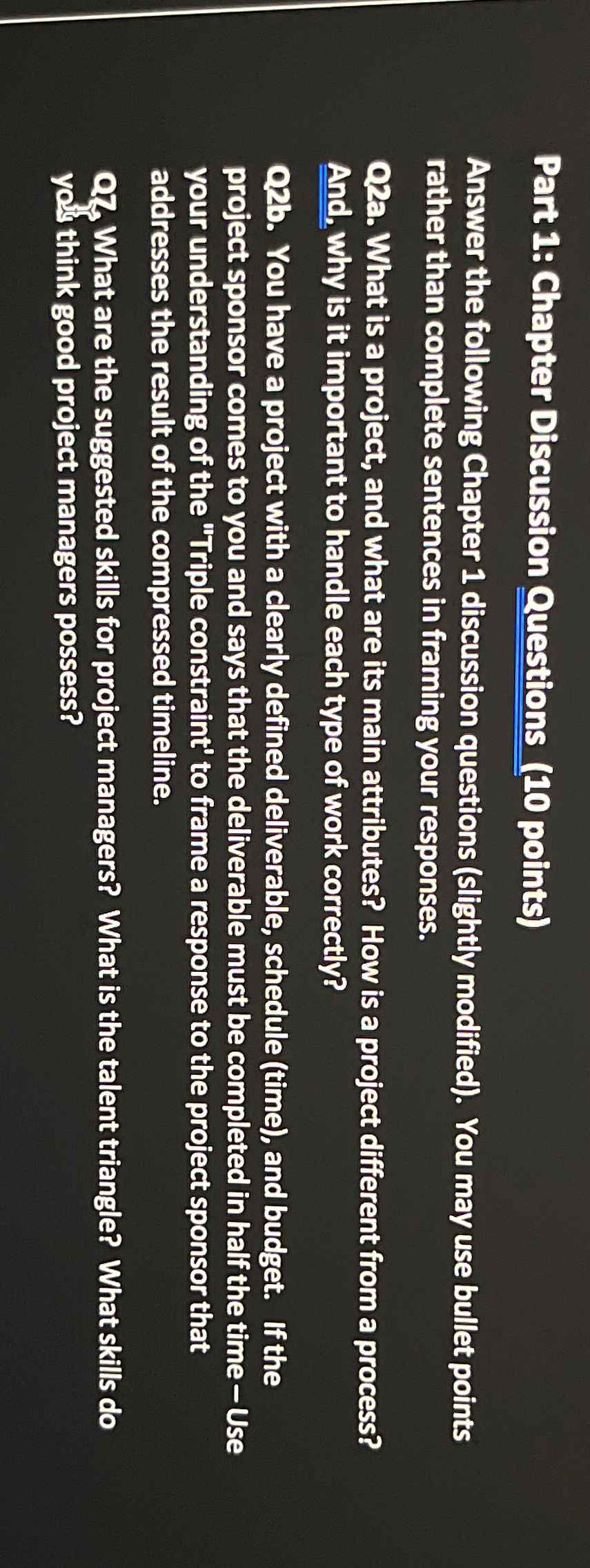  Part 1: Chapter Discussion Questions (10 points) Answer the following Chapter