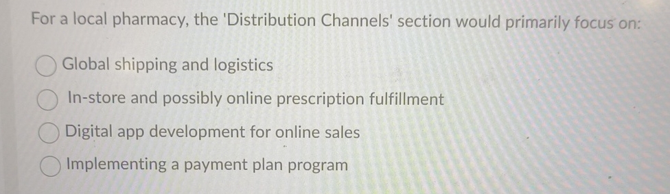  For a local pharmacy, the 'Distribution Channels' section would primarily focus