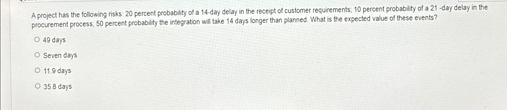  A project has the following risks: 20 percent probability of a