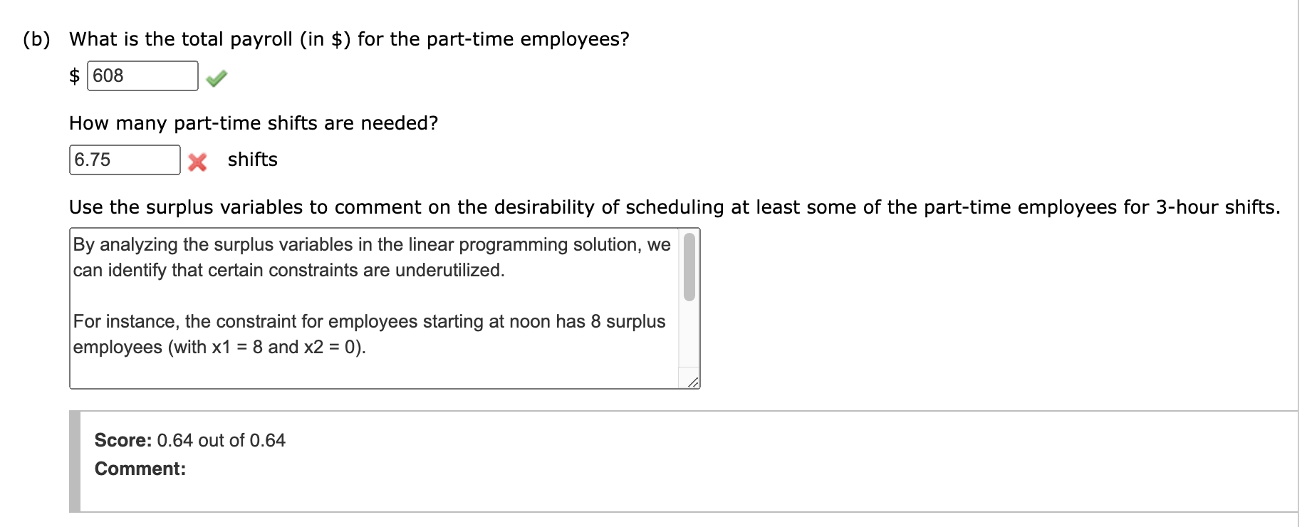 constraint for employees starting at noon has 8 surplus employees (with x1