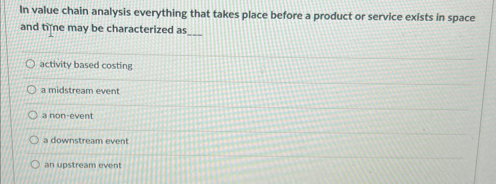  In value chain analysis everything that takes place before a product