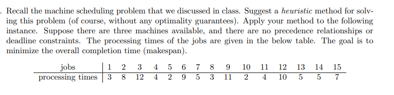  Recall the machine scheduling problem that we discussed in class. Suggest
