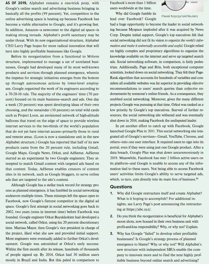 original, relevant analyses and observations from the case: Why did Google restructure