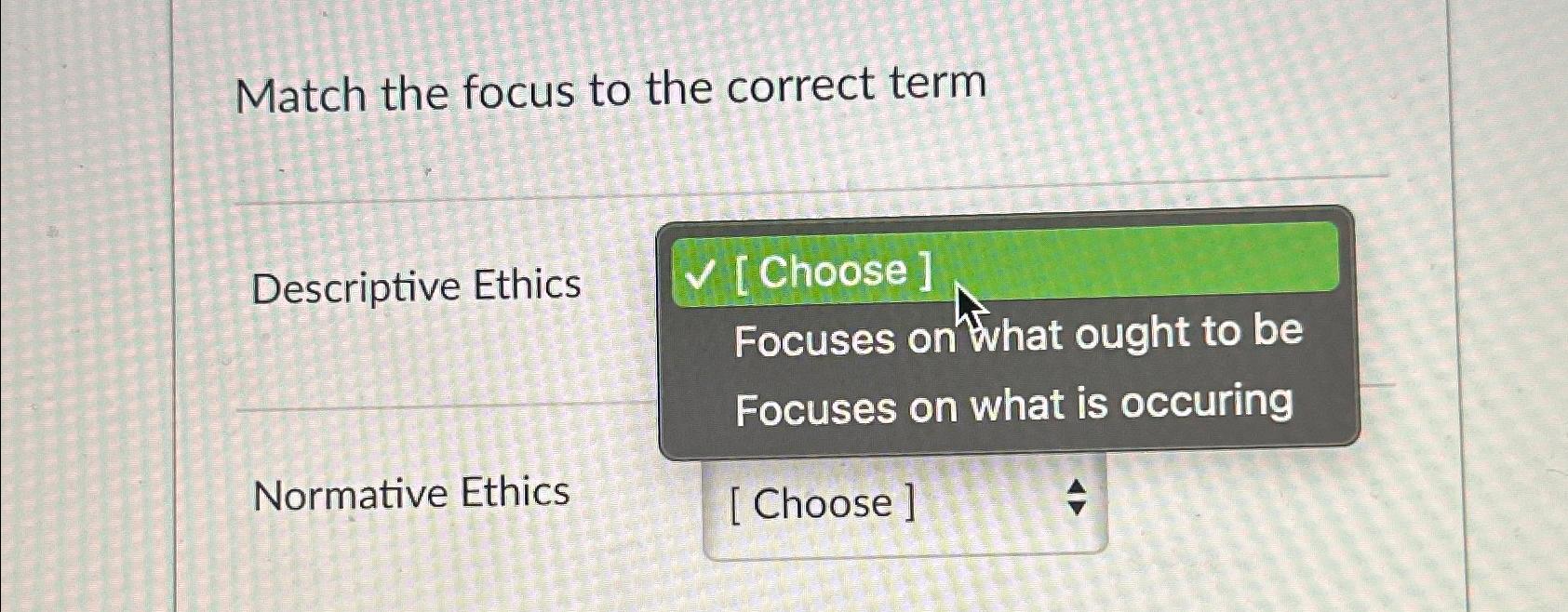  Match the focus to the correct term Descriptive Ethics [Choose 