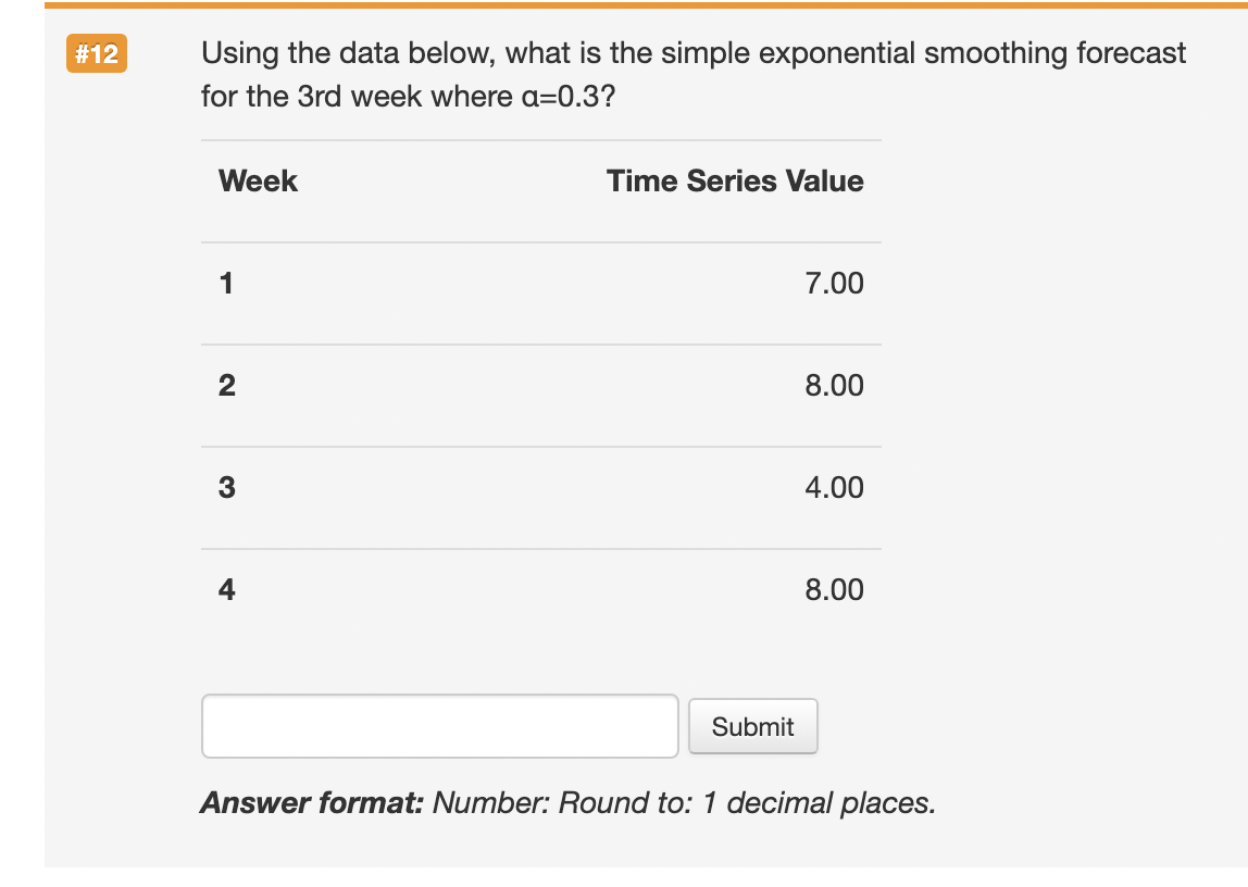 Using the data below, what is the simple exponential smoothing forecast