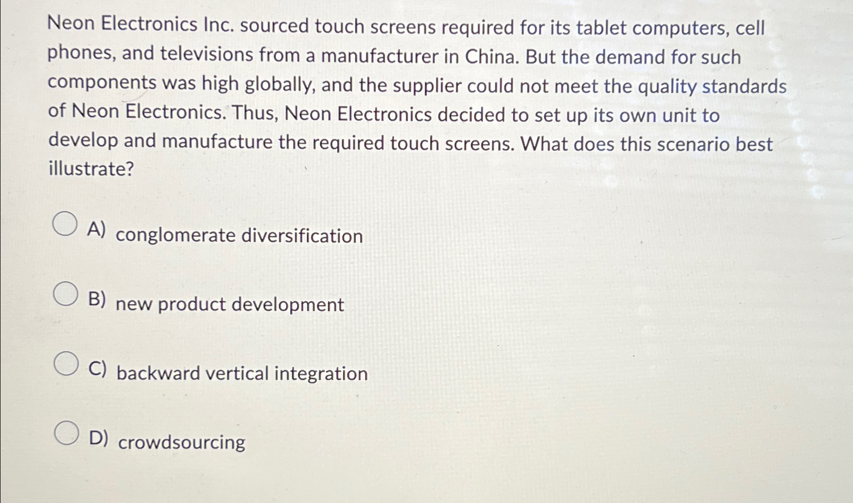  Neon Electronics Inc. sourced touch screens required for its tablet computers,