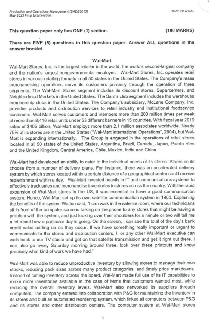  May 2023 Final Examination This question paper only has ONE (1)