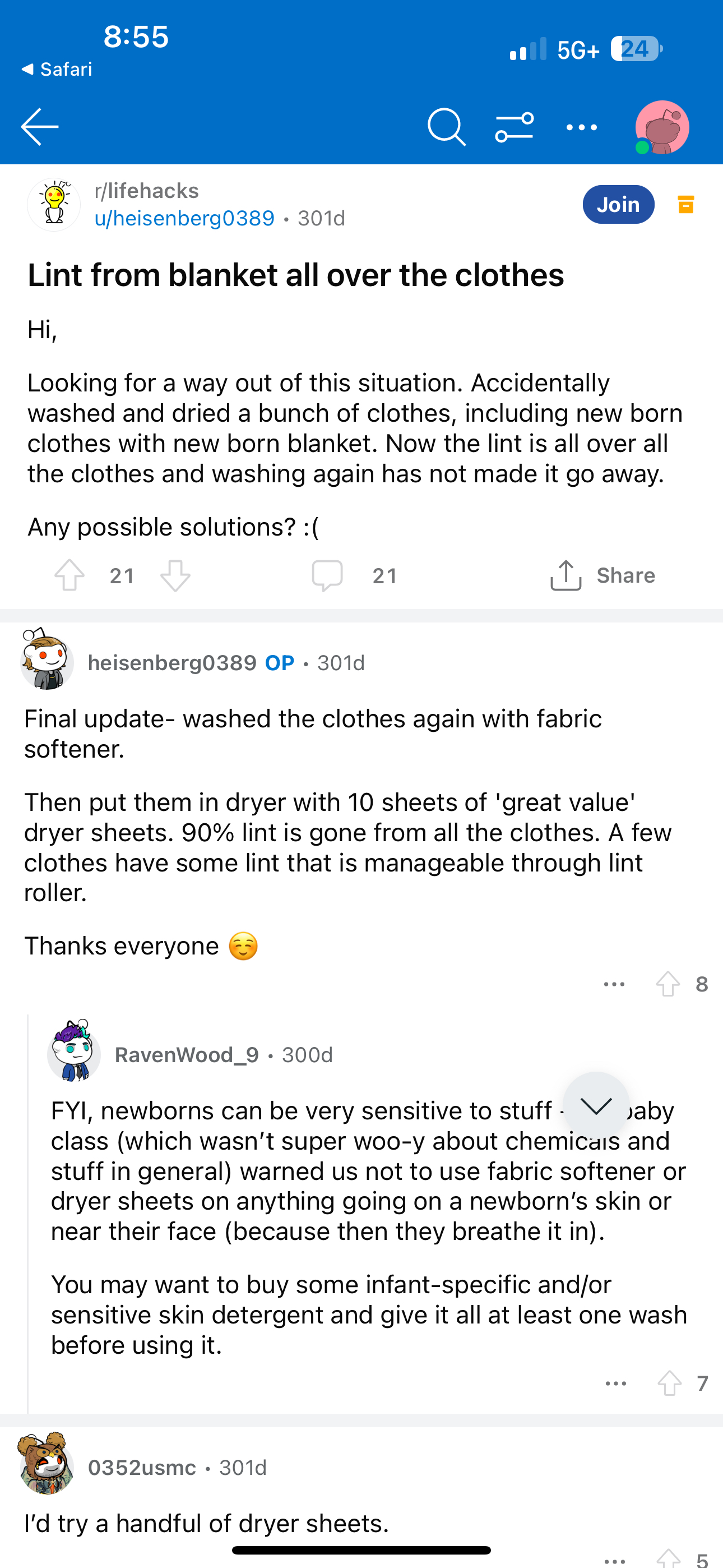  8:55 ???? Safari a 5G+ 24 r/lifehacks u/heisenberg0389*301d Join Lint from