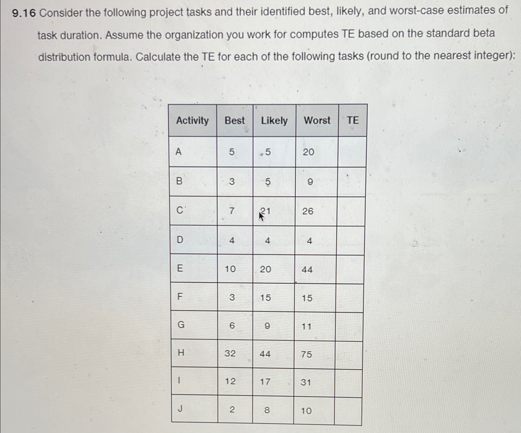  9.16 Consider the following project tasks and their identified best, likely,