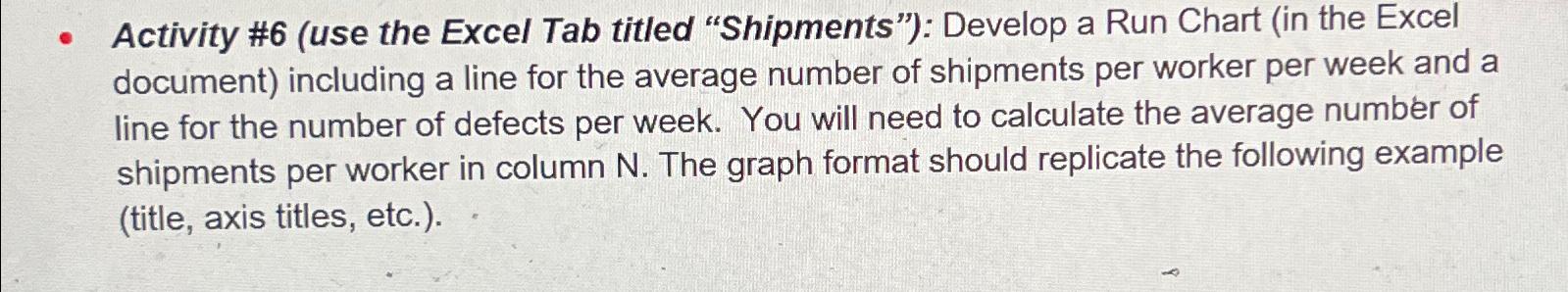  Activity #6(use the Excel Tab titled Shipments"): Develop a Run Chart