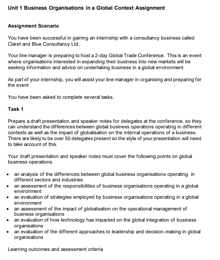  Unit 1 Business Organisations in a Global Context Assignment Assignment Scenario