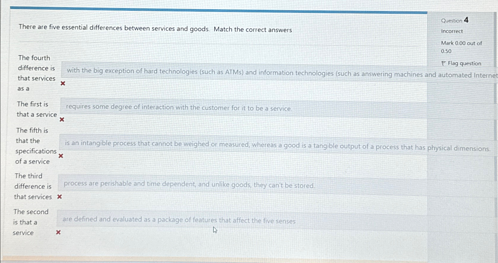  There are five essential differences between services and goods. Match the