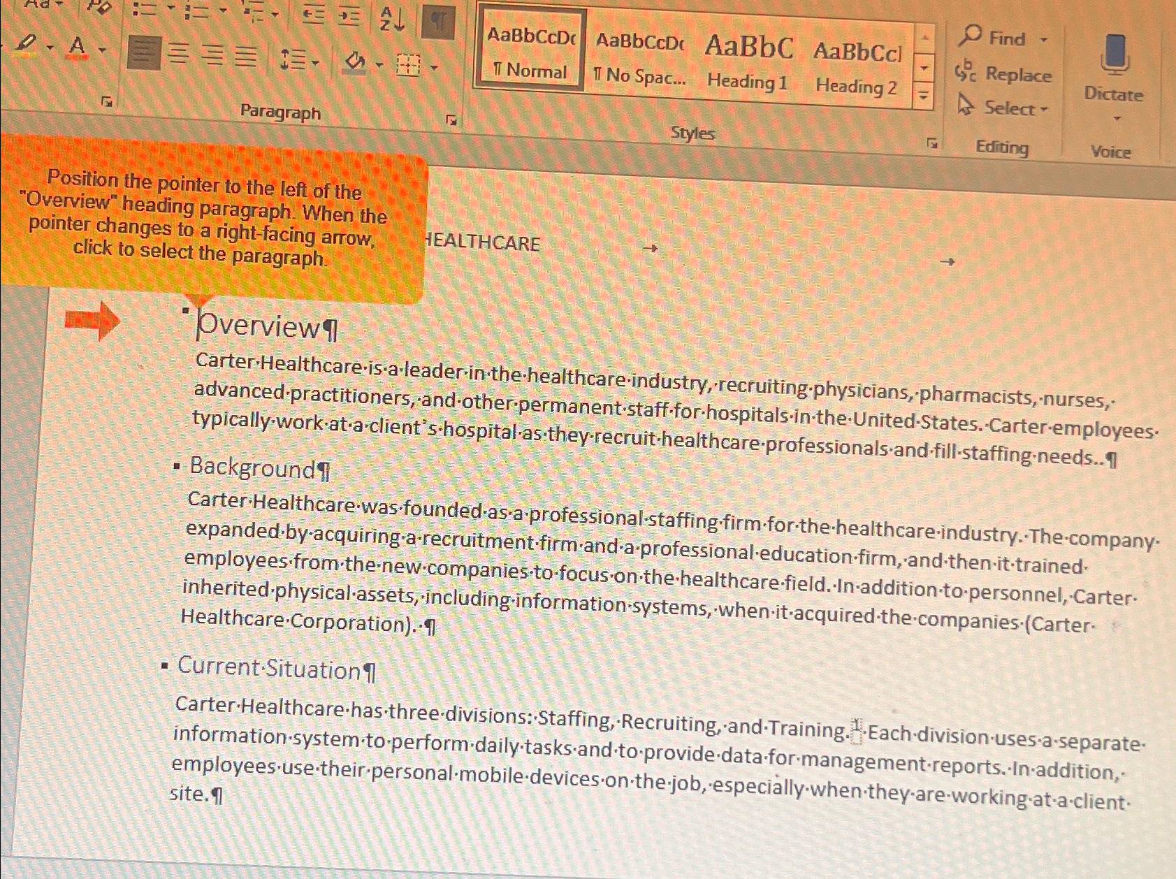  "Overview" heading paragraph. When the pointer changes to a right-facing arrow,