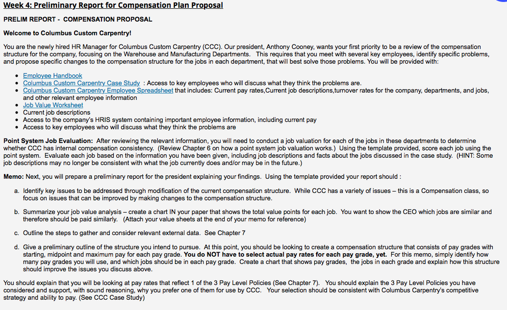  Week 4: Preliminary Report for Compensation Plan Proposal PRELIM REPORT -