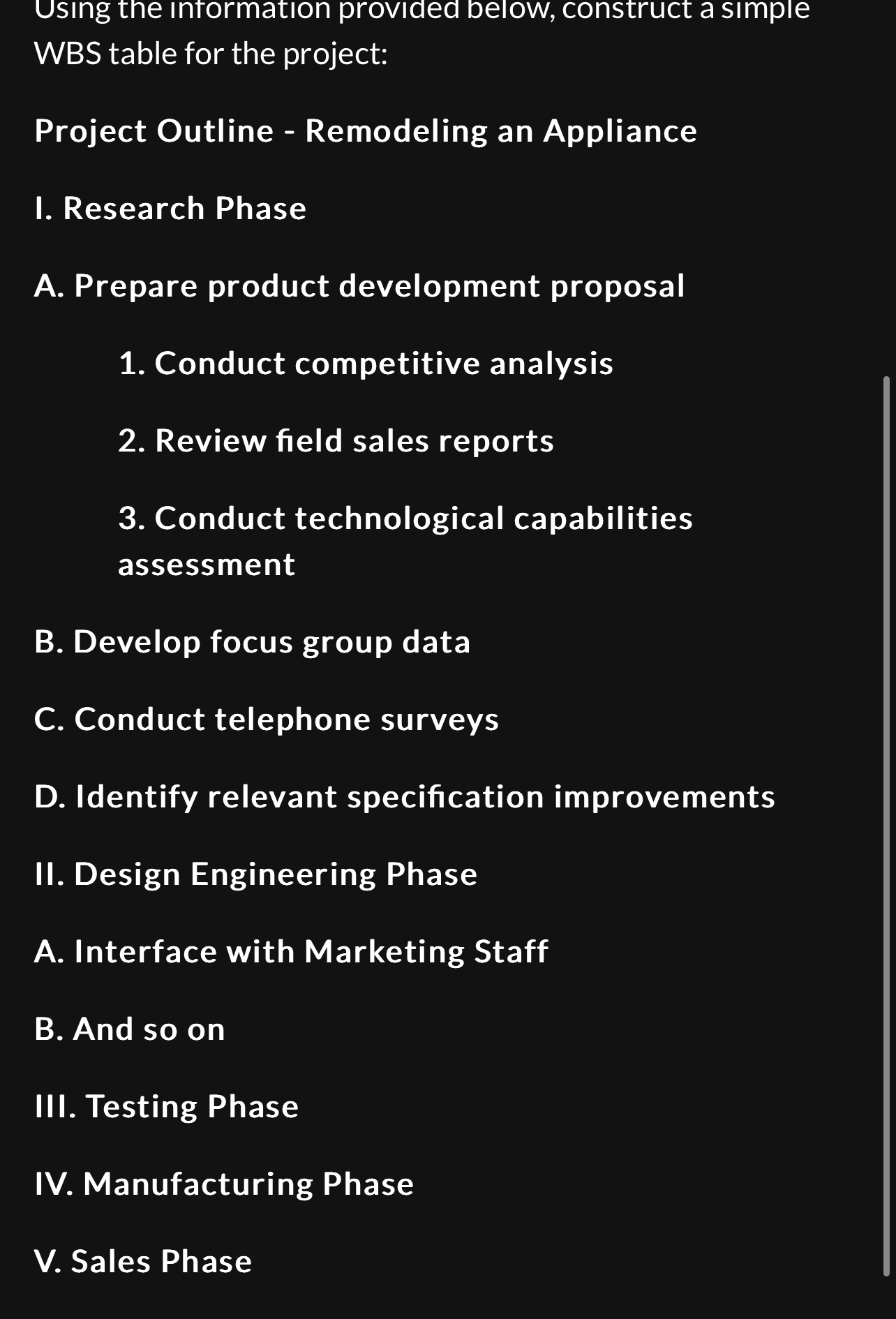 Using the intormation provided below, construct a simple WBS table for