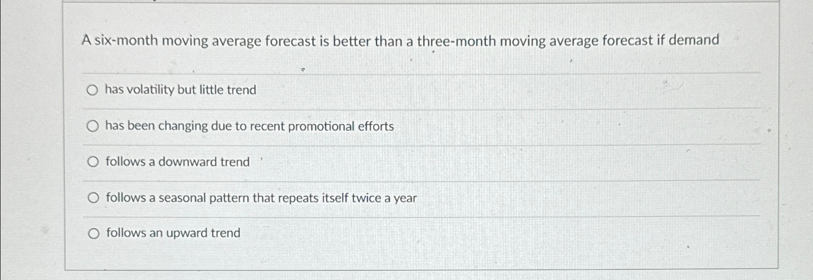  A six-month moving average forecast is better than a three-month moving