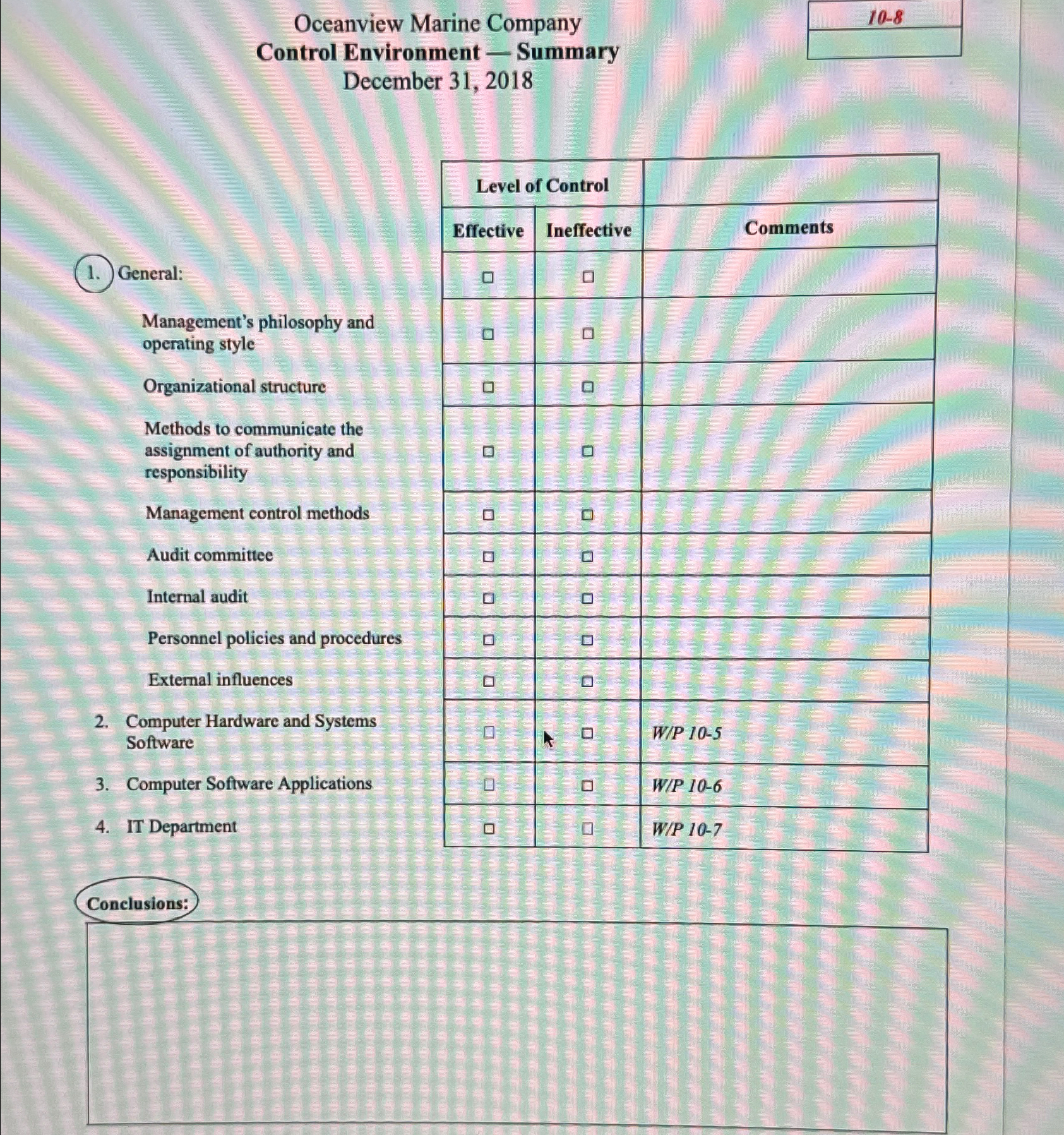  Oceanview Marine Company Control Environment - Summary \table[[10-8 