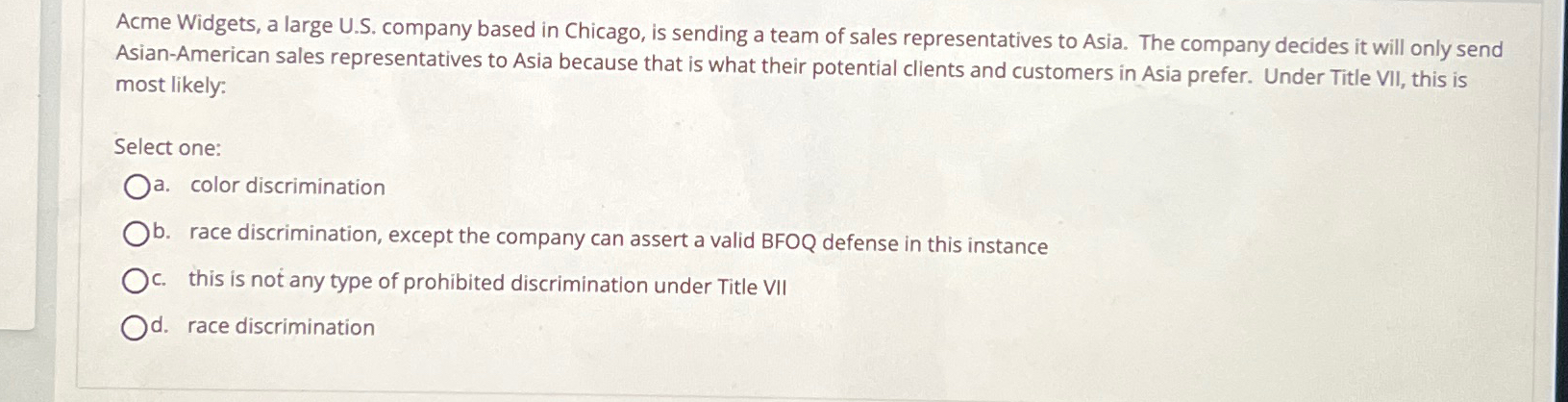  Acme Widgets, a large U.S. company based in Chicago, is sending