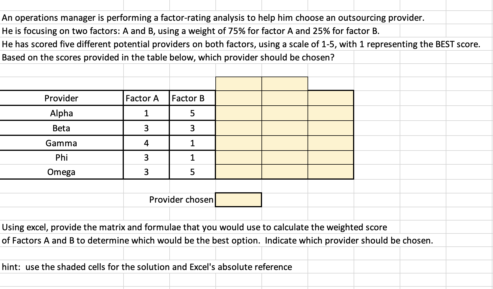  An operations manager is performing a factor-rating analysis to help him