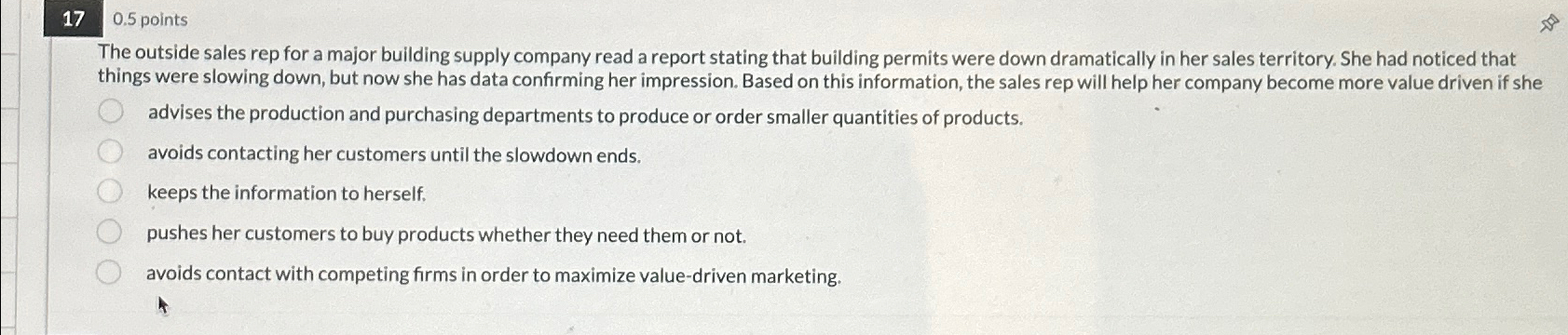  170.5 points The outside sales rep for a major building supply