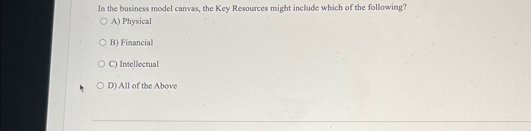  In the business model canvas, the Key Resources might include which