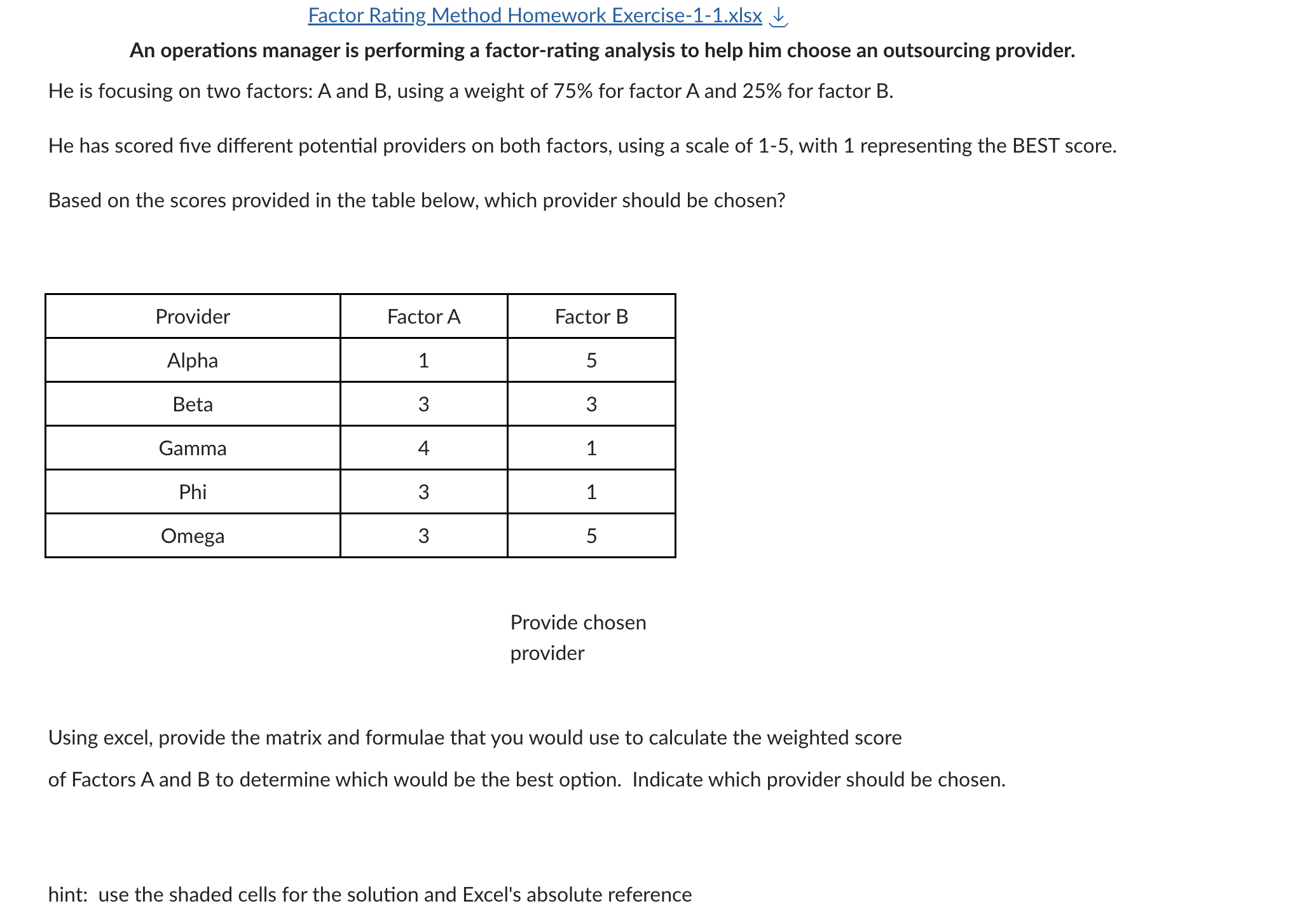  Factor Rating Method Homework Exercise-1-1.xIsx An operations manager is performing a