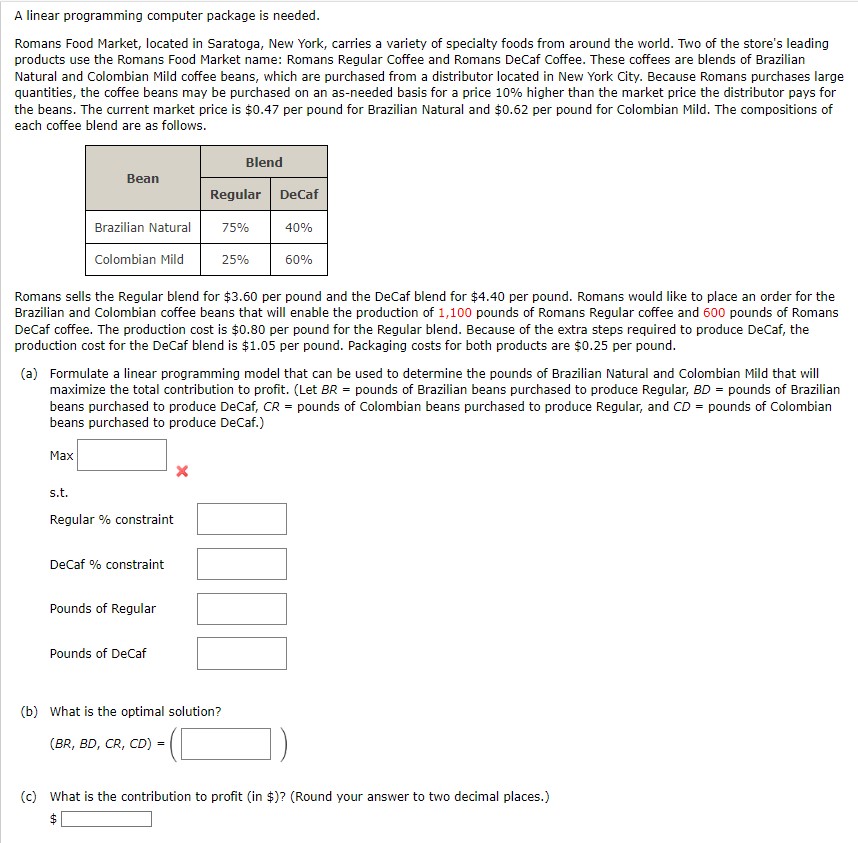  A linear programming computer package is needed. Romans Food Market, located